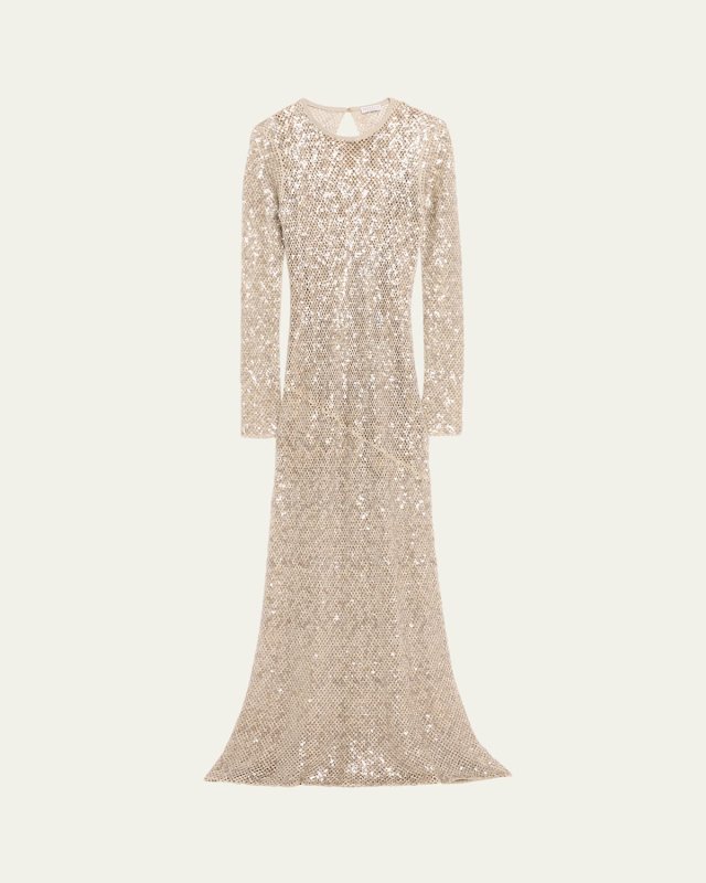 Paillette Net Knit Long-Sleeve Maxi Dress